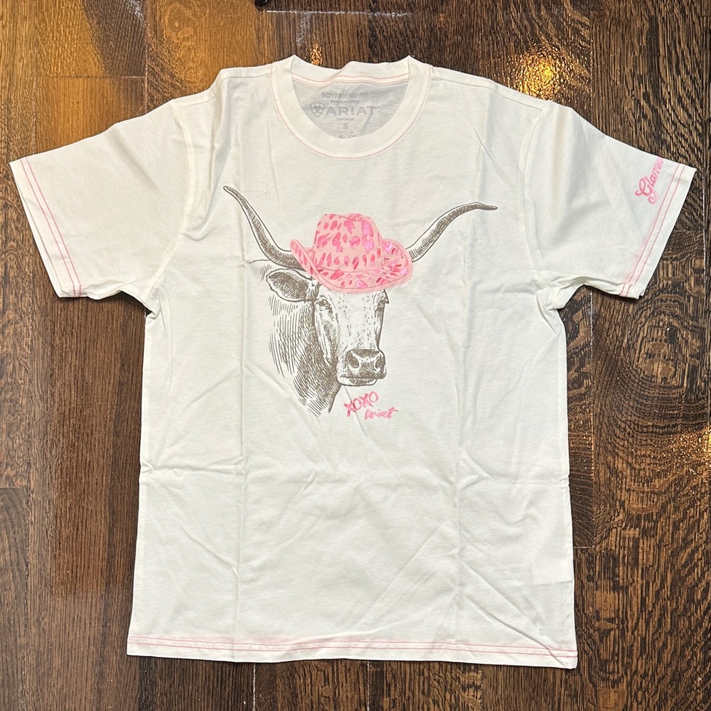 Ariat womens White Tee with Pink Cowboy Hat Graphic